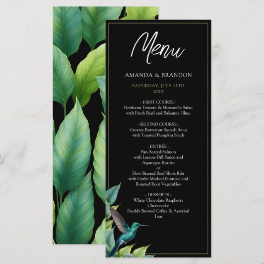 Emerald Hummingbird Tropische bladeren bruiloft Menu (Voorkant / Achterkant)