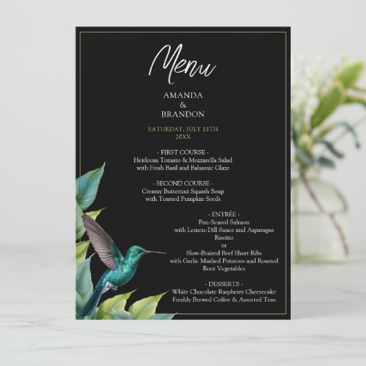 Emerald Hummingbird Tropische bladeren bruiloft Menu (Staand voorkant)