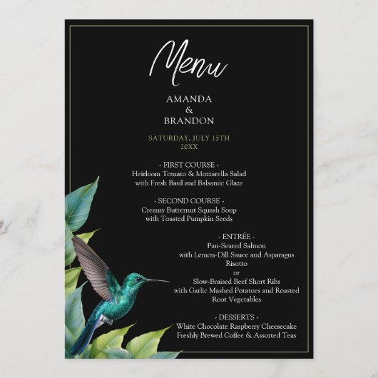 Emerald Hummingbird Tropische bladeren bruiloft Menu (Voorkant)