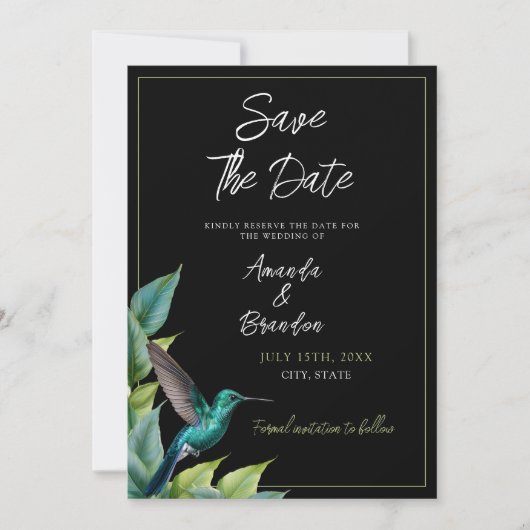 Emerald Hummingbird Tropische bladeren bruiloft Save The Date (Voorkant)