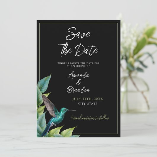 Emerald Hummingbird Tropische bladeren bruiloft Save The Date (Staand voorkant)