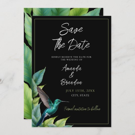 Emerald Hummingbird Tropische bladeren bruiloft Save The Date (Voorkant / Achterkant)