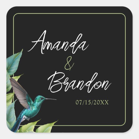 Emerald Hummingbird Tropische bladeren bruiloft Vierkante Sticker (Voorkant)