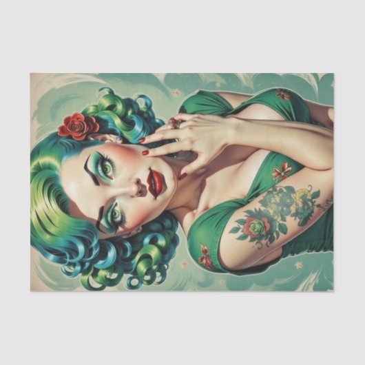 Emerald Ink Pin-Up Meisje met Tattoos Decoupage Tissuepapier (Voorkant)