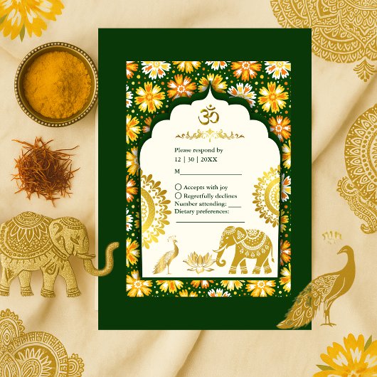 Emerald ivory Marigold Hindu Wedding  RSVP Kaartje