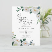 Emerald Ivory White Elegant Floral Save the Date Kaart (Staand voorkant)