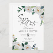 Emerald Ivory White Elegant Floral Save the Date Kaart (Voorkant / Achterkant)