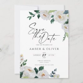 Emerald Ivory White Elegant Floral Save the Date Kaart