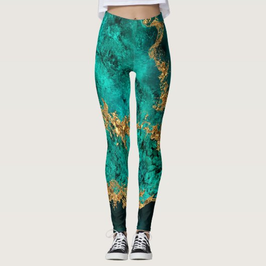 Emerald Jade Gold Splatter Abstract Leggings (Voorkant)