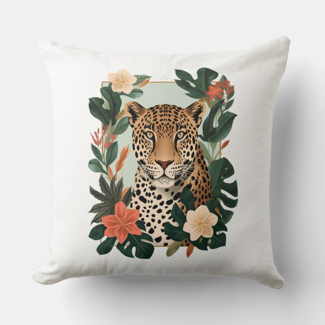 Emerald Jaguar Tropical Botanical Throw Pillow Kussen (Voorkant)