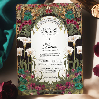 Emerald Jewel Tone Floral Art Nouveau Huwelijk Kaart