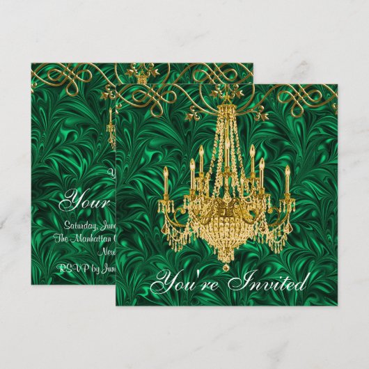 Emerald Kelly Green Gold Chandelier Party Kaart (Voorkant / Achterkant)