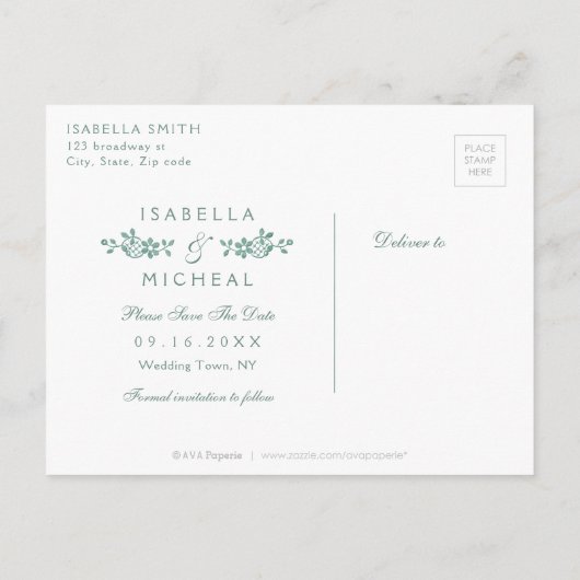 Emerald  lace rustic wig save the date aankondigingskaart (Achterkant)