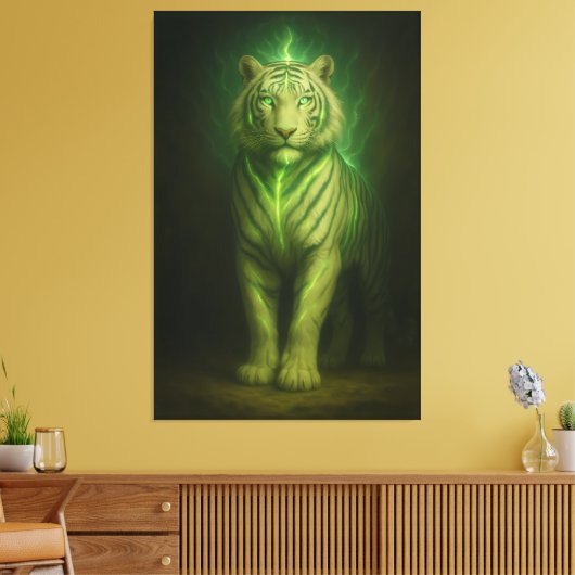 Emerald Lightcore White Tiger – Divine Stance Canvas Afdruk (Insitu (Woonkamer))