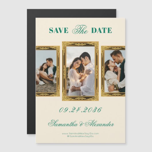 Emerald Lijst Script 3 Foto Sla de datum op Magnetische Uitnodiging (Voorkant / Achterkant)