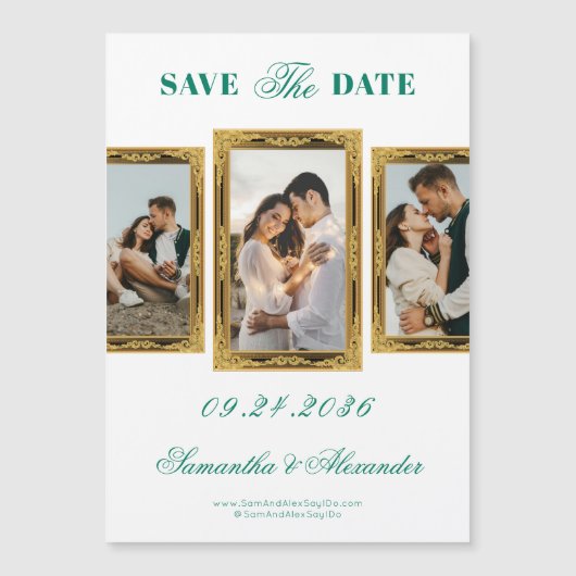 Emerald  Lijst Script 3 Foto Sla de datum op Magnetische Uitnodiging (Voorkant)