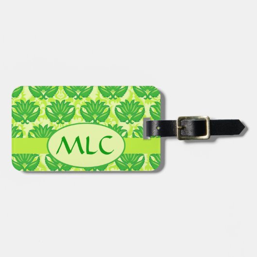 Emerald Lime Green Art Nouveau Damask Monogram Bagagelabel (Voorkant horizontaal)