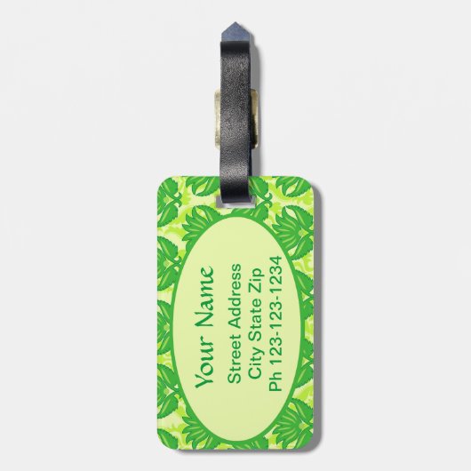 Emerald Lime Green Art Nouveau Damask Monogram Bagagelabel (Achterkant verticaal)