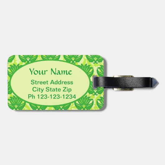 Emerald Lime Green Art Nouveau Damask Monogram Bagagelabel (Achterkant horizontaal)