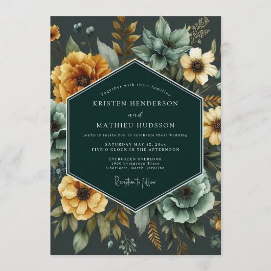 Emerald & Marigold Lush Botanical Wedding Kaart (Voorkant)