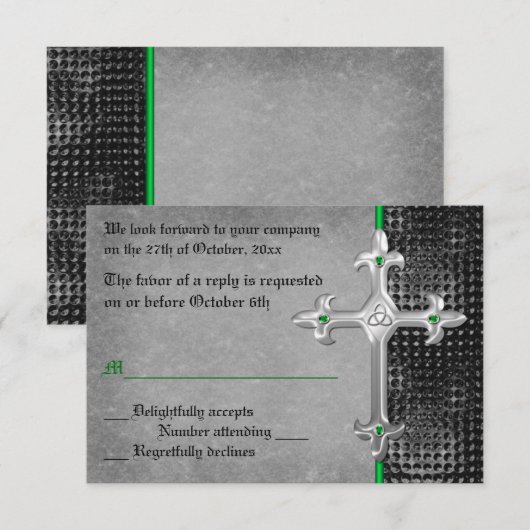 Emerald Medieval Celtic Cross RSVP-kaart RSVP Kaartje (Voorkant / Achterkant)