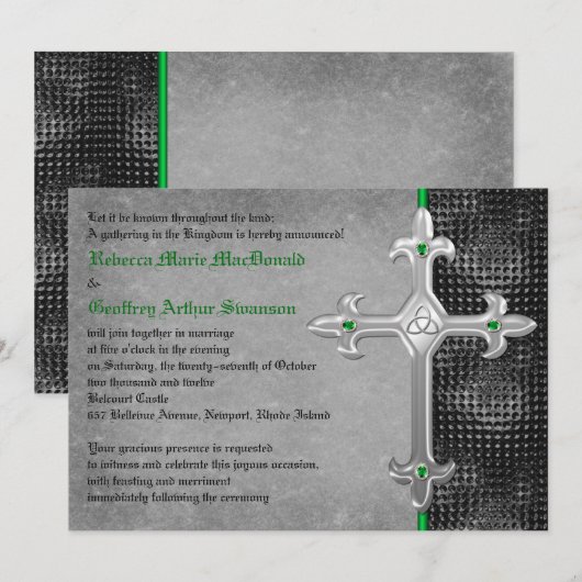 Emerald Medieval Celtic Cross Wedding Invitation Kaart (Voorkant / Achterkant)