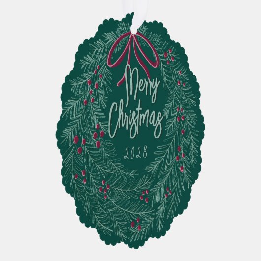 Emerald Merry Christmas Photo Wreath  Ornament Kaart (Rechts)