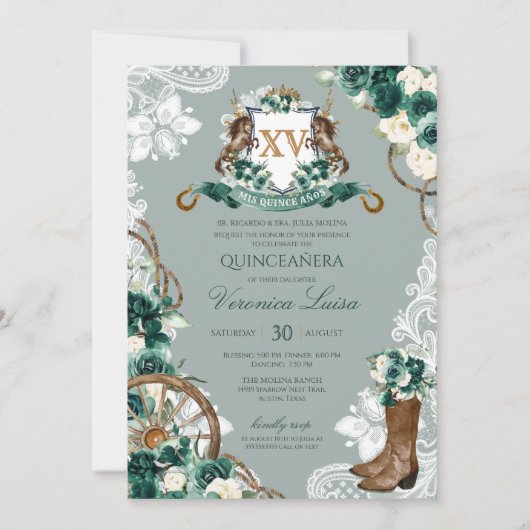 Emerald Mint Green Floral Crest Charro Quinceanera Kaart (Voorkant)