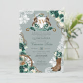 Emerald Mint Green Floral Crest Charro Quinceanera Kaart (Staand voorkant)