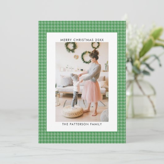 Emerald Mint Green Houndstooth Foto Kerstmis Feestdagenkaart (Staand voorkant)