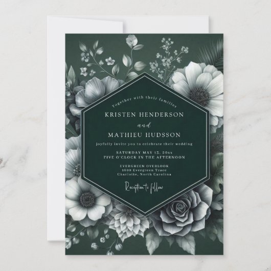 Emerald Monochrome Bloom Wedding Kaart (Voorkant)
