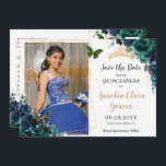 Emerald Navy Floral Quinceañera Pic Save the Date Kaart<br><div class="desc">Smaragdgroen en marineblauwe bloemenfoto / afbeelding briefkaart uitnodigingskaart. Klik gewoon op de knop "Bewerken met ontwerpgereedschappen" om de tekst, tekst, lettertypestijl, tekengrootte en letterkleur te wijzigen. U kunt ook tekst toevoegen of verwijderen en afbeeldingen verplaatsen of verwijderen. De vlinders en de kroon zijn beweegbaar, afstelbaar, dupliceerbaar en verwijderbaar, zodat u...</div>