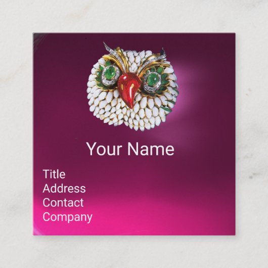 EMERALD OPALE WHITE PEARL JEWEL OWL Pink Fuchsia Vierkante Visitekaartje (Voorkant)