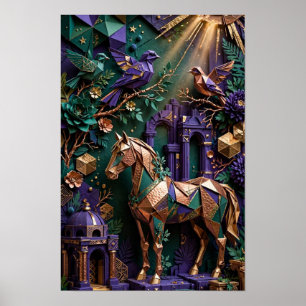 Emerald Origami Paarden Heiligtum - 3D Koper Viole Poster