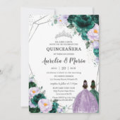 Emerald Paarse Floral Twins Quinceañera Silver Kaart (Voorkant)
