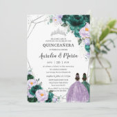 Emerald Paarse Floral Twins Quinceañera Silver Kaart (Staand voorkant)