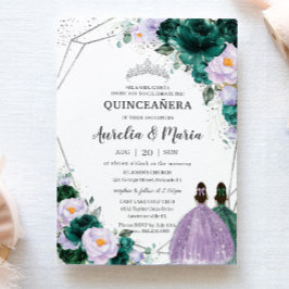 Emerald Paarse Floral Twins Quinceañera Silver Kaart