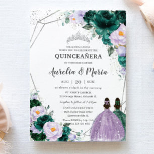 Emerald Paarse Floral Twins Quinceañera Silver Kaart