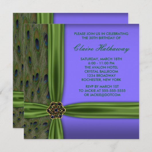 Emerald Paarse Pauw 30e Verjaardag Uitnodiging (Voorkant / Achterkant)