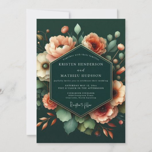 Emerald Peach Artistic Bloom Wedding Kaart (Voorkant)