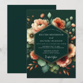 Emerald Peach Artistic Bloom Wedding Kaart (Voorkant / Achterkant)