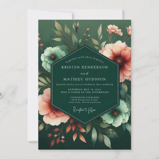 Emerald Peach Flora Wedding Kaart (Voorkant)