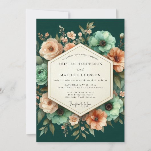 Emerald Peach Luminous Bloom Wedding Kaart (Voorkant)