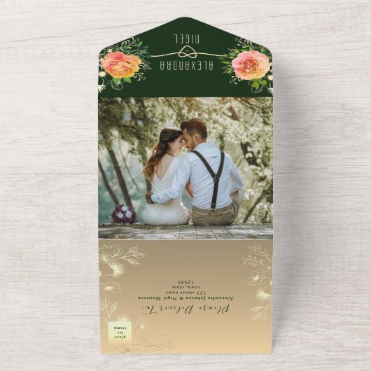 Emerald Peach Roos Bloemenbruiloft All In One Uitnodiging (Buitenkant)