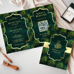 Emerald Peacock veren QR Code Moslim Bruiloft<br><div class="desc">Verras uw gasten met deze elegante islamitische thema gevouwen bruiloft uitnodiging met een mooi patroon en 'Bismillah' in Arabische kalligrafie met QR Code voor online RSVP. Voeg eenvoudig uw evenementgegevens toe aan deze gebruiksvriendelijke sjabloon om er een unieke uitnodiging van te maken.</div>