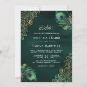 Emerald Peacock veren QR Code Moslim Bruiloft Kaart (Voorkant)