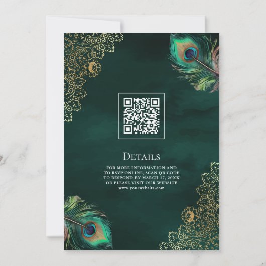 Emerald Peacock veren QR Code Moslim Bruiloft Kaart (Achterkant)