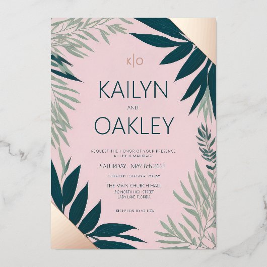 Emerald Pink Foliage Greenery Wedding Roos Gold Folie Uitnodiging (Voorkant)