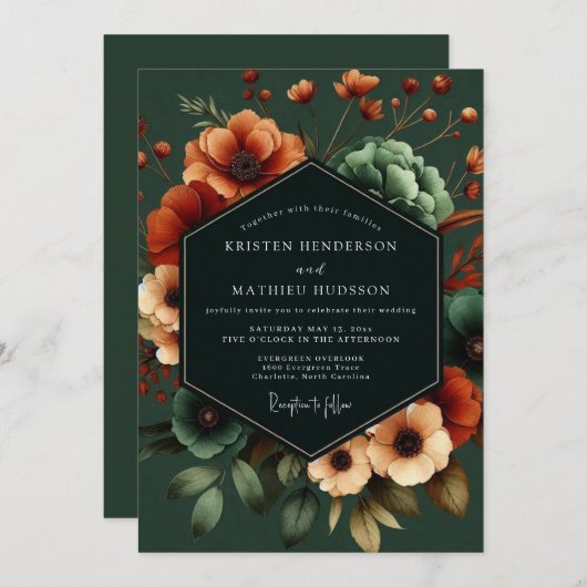 Emerald Poppy Noir Wedding Kaart (Voorkant / Achterkant)