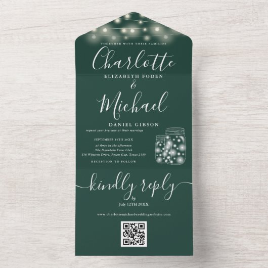 Emerald QR Code Mason Jars String Lights Wedding All In One Uitnodiging (Binnen)